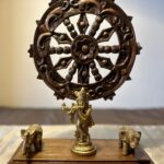 Teak wood table top decor with brass idol