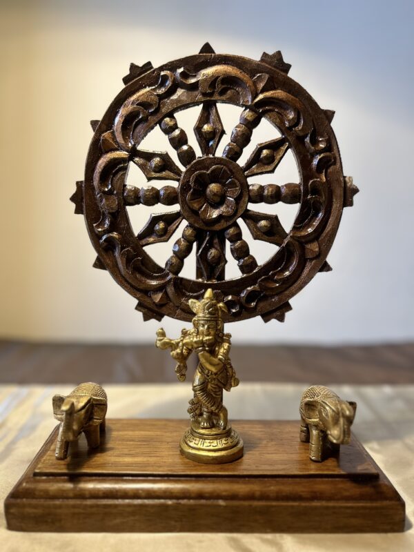 Teak wood table top decor with brass idol