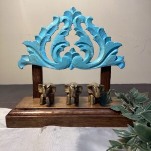 Teak wood carved table top decor with brass idol