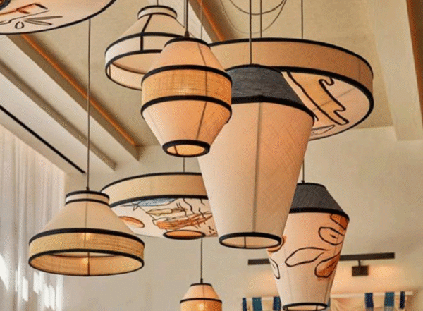 PENDANT LAMP-BLENDED TEXTURED LIGHTING FABRIC + HAND PRINTED FOR AESTHETIC LOOK